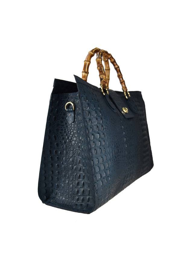 Leather tote bag with bamboo Oversized Black Side