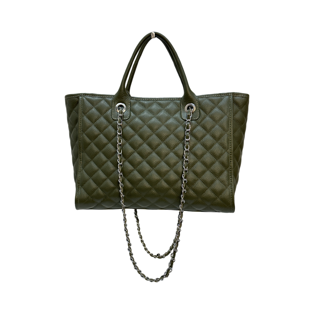 Large Army Green Quilted Large Leather Tote Bag