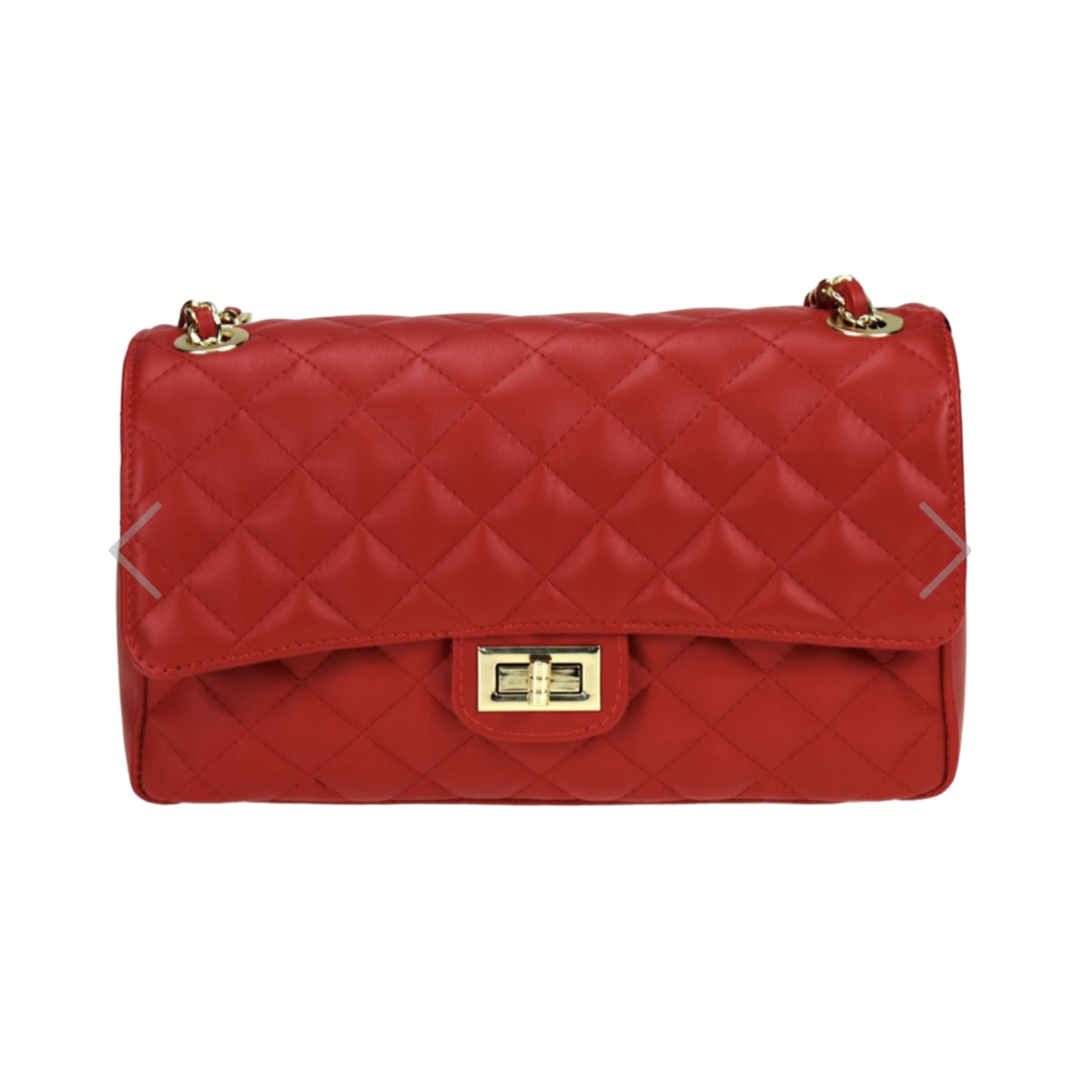 Quilted chain shoulder bag with diamond-stitched design and gold-tone chain straps.