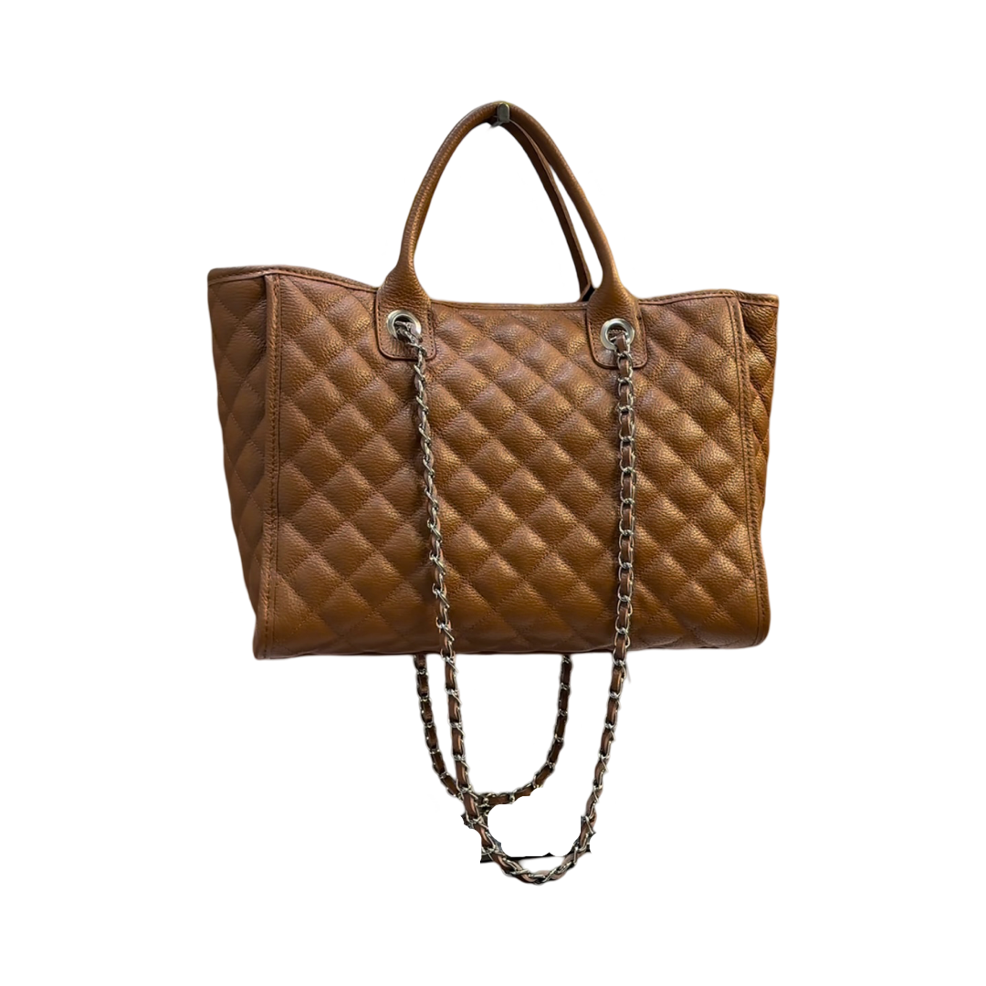 Large Tan Quilted Large Leather Tote Bag