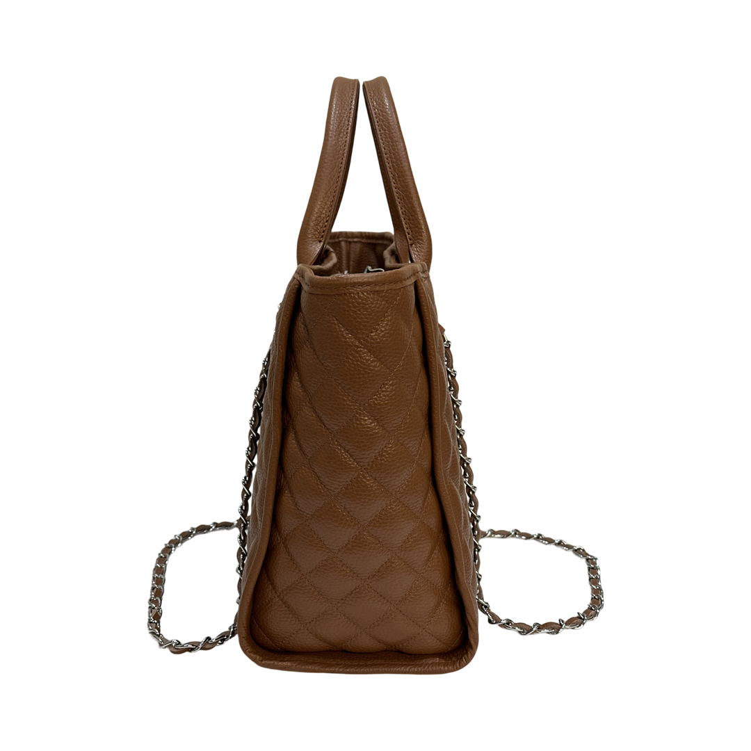 Large Tan Quilted Large Leather Tote Bag side