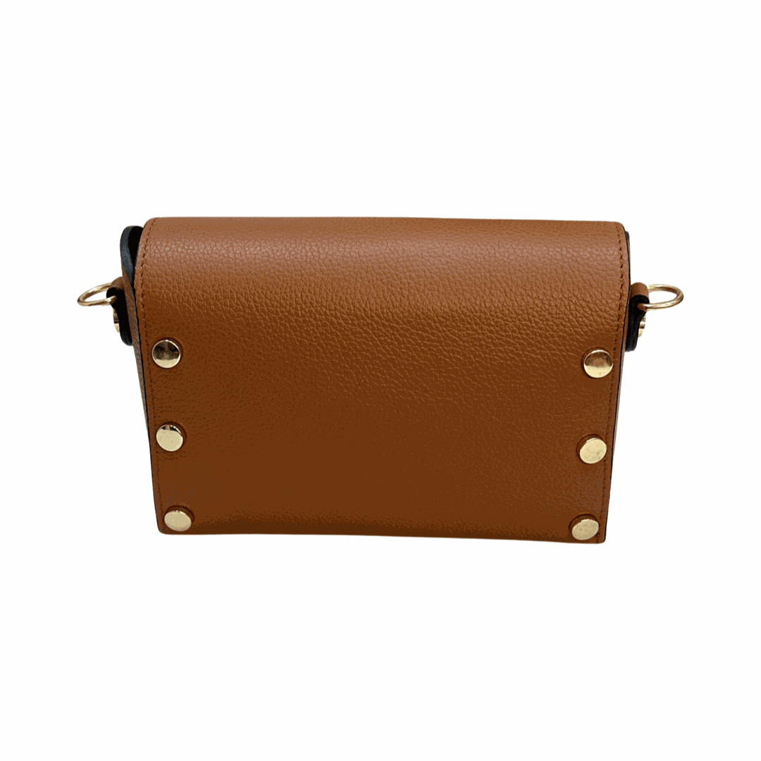 Mini leather tote bag with gold details, made in Italy, versatile design with detachable straps.