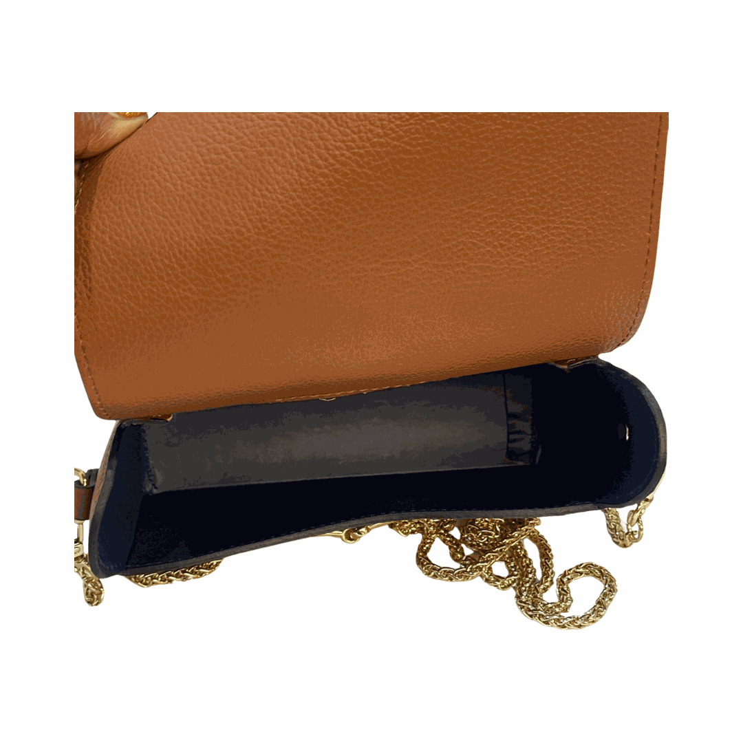 Mini leather tote bag with genuine Italian leather, featuring a gold chain strap and brown interior.