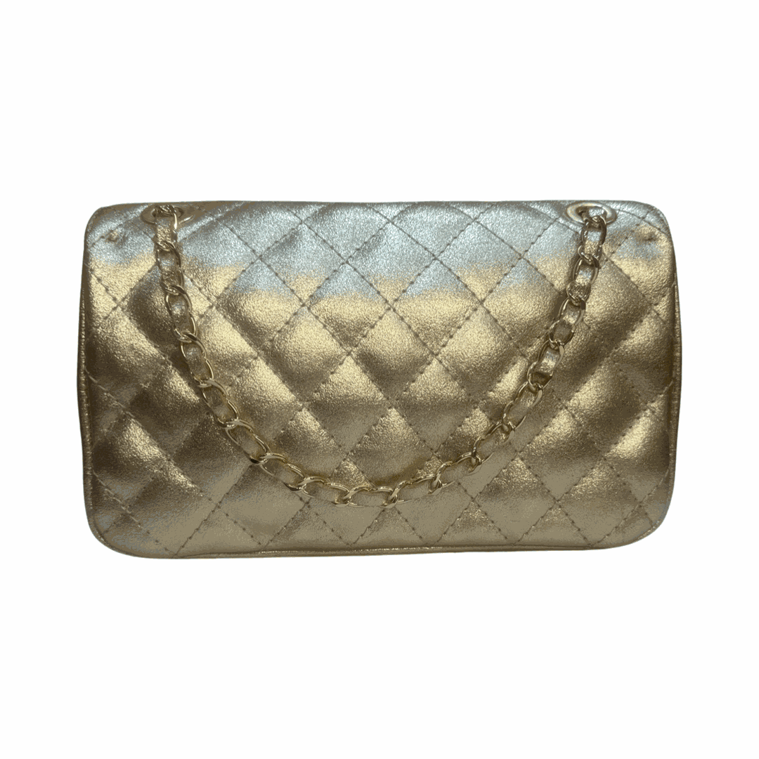 Quilted Large Leather Shoulder Bag Gold Back