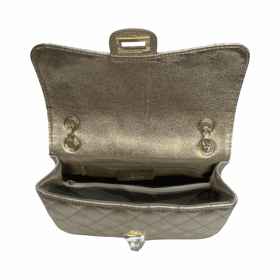 Quilted Large Leather Shoulder Bag Gold inside
