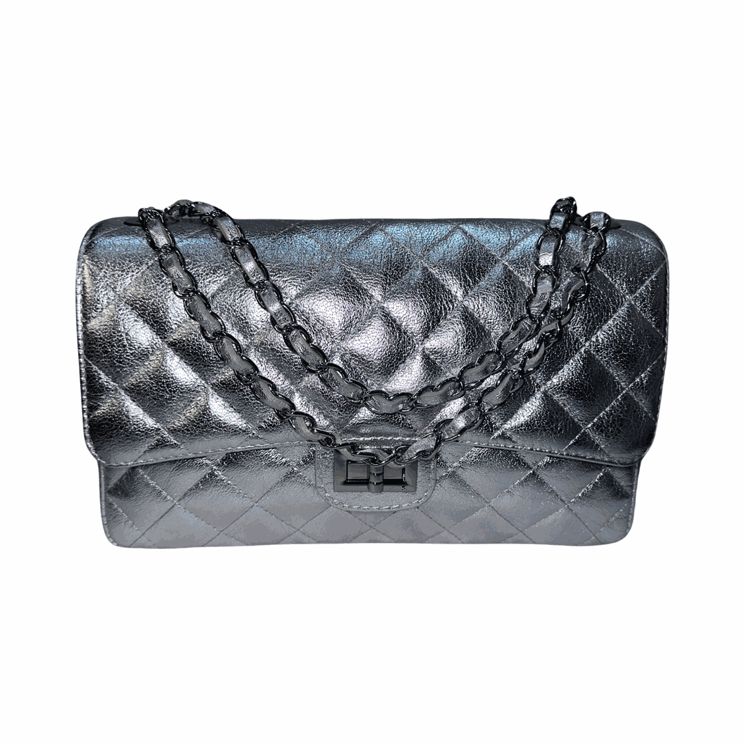Quilted Large Leather Shoulder Bag Silver front