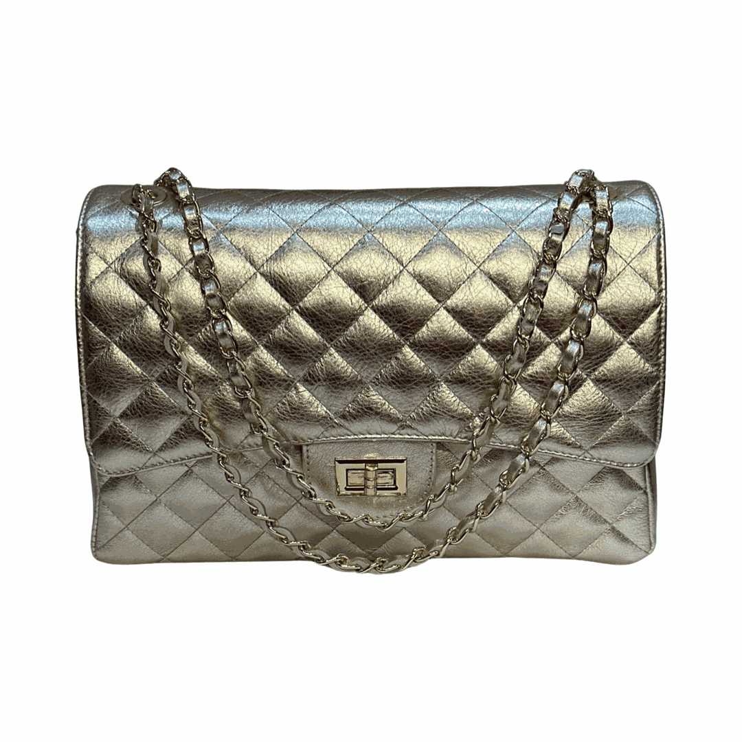 Quilted Maxi Leather Shoulder Bag Gold Front
