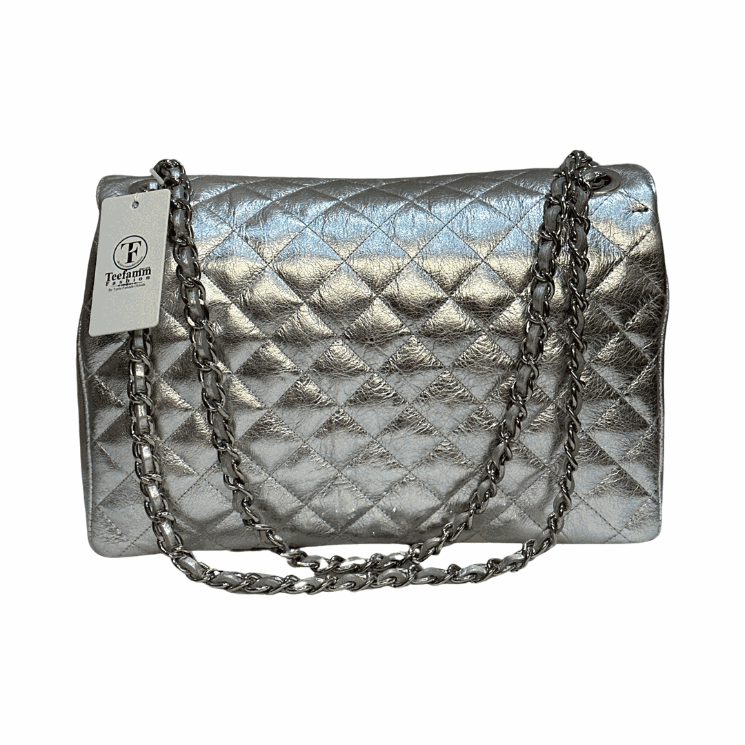 Quilted Maxi Leather Shoulder Bag Silver Back