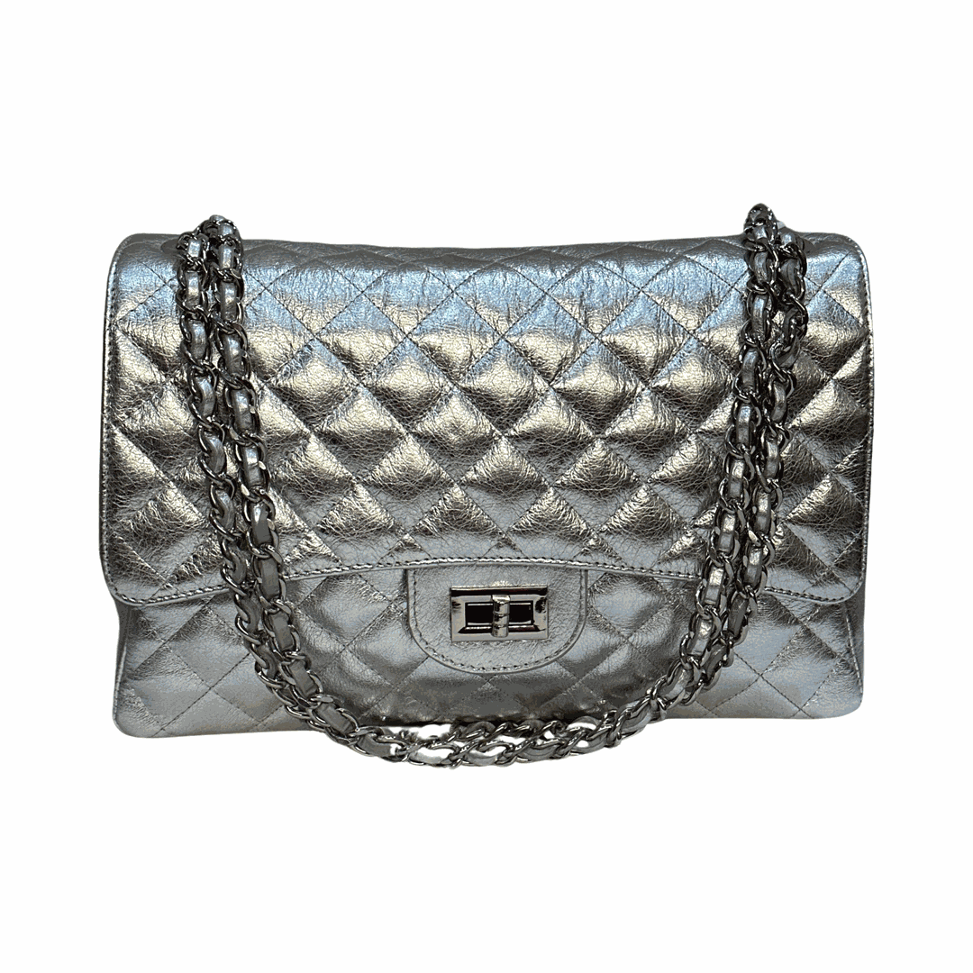 Quilted Maxi Leather Shoulder Bag Silver Front