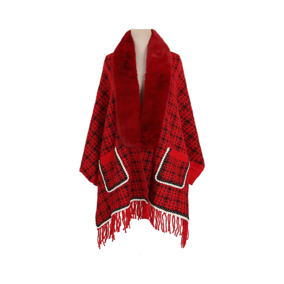 Red Checkered Faux Fur Poncho front