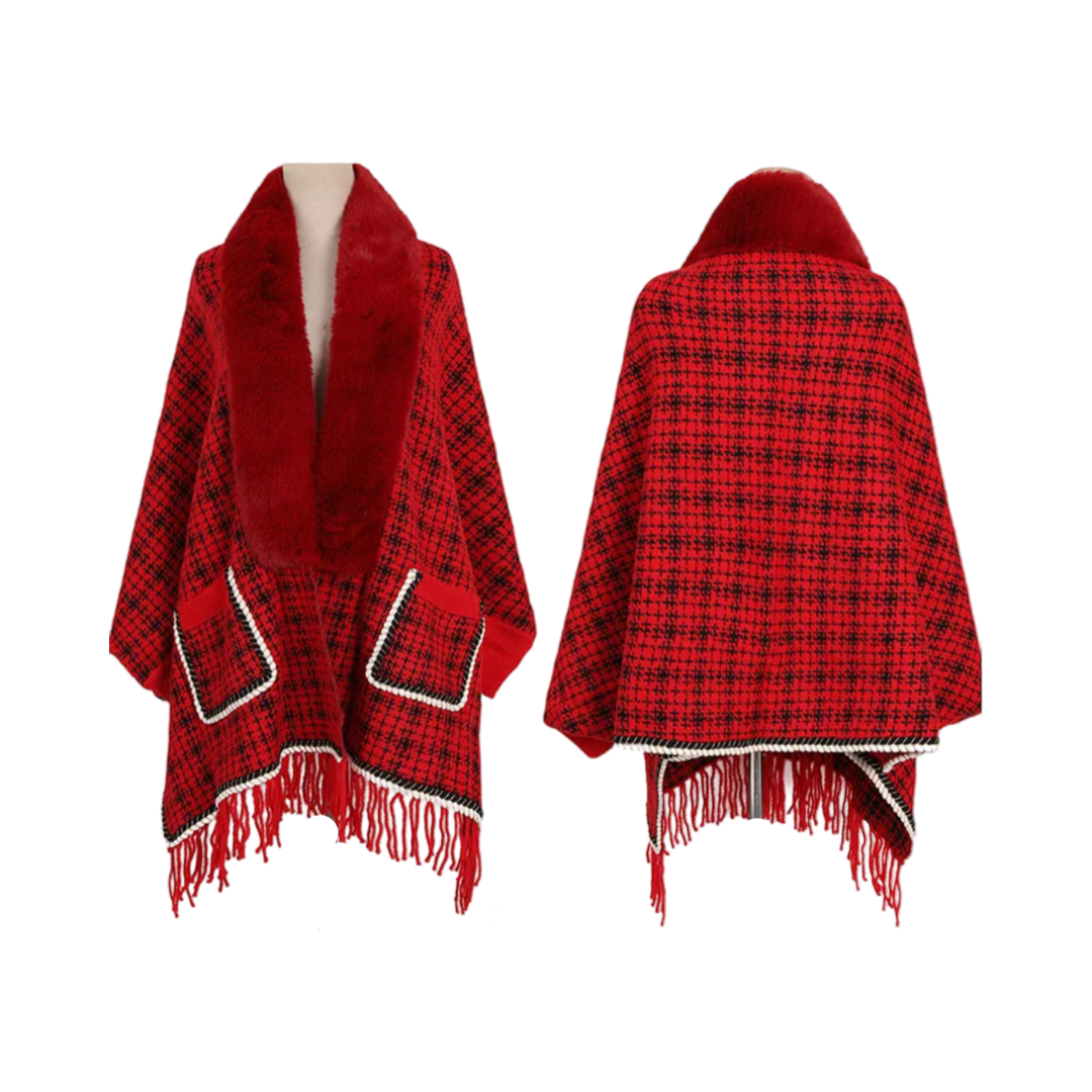 Red Checkered Faux Fur Poncho front and Back