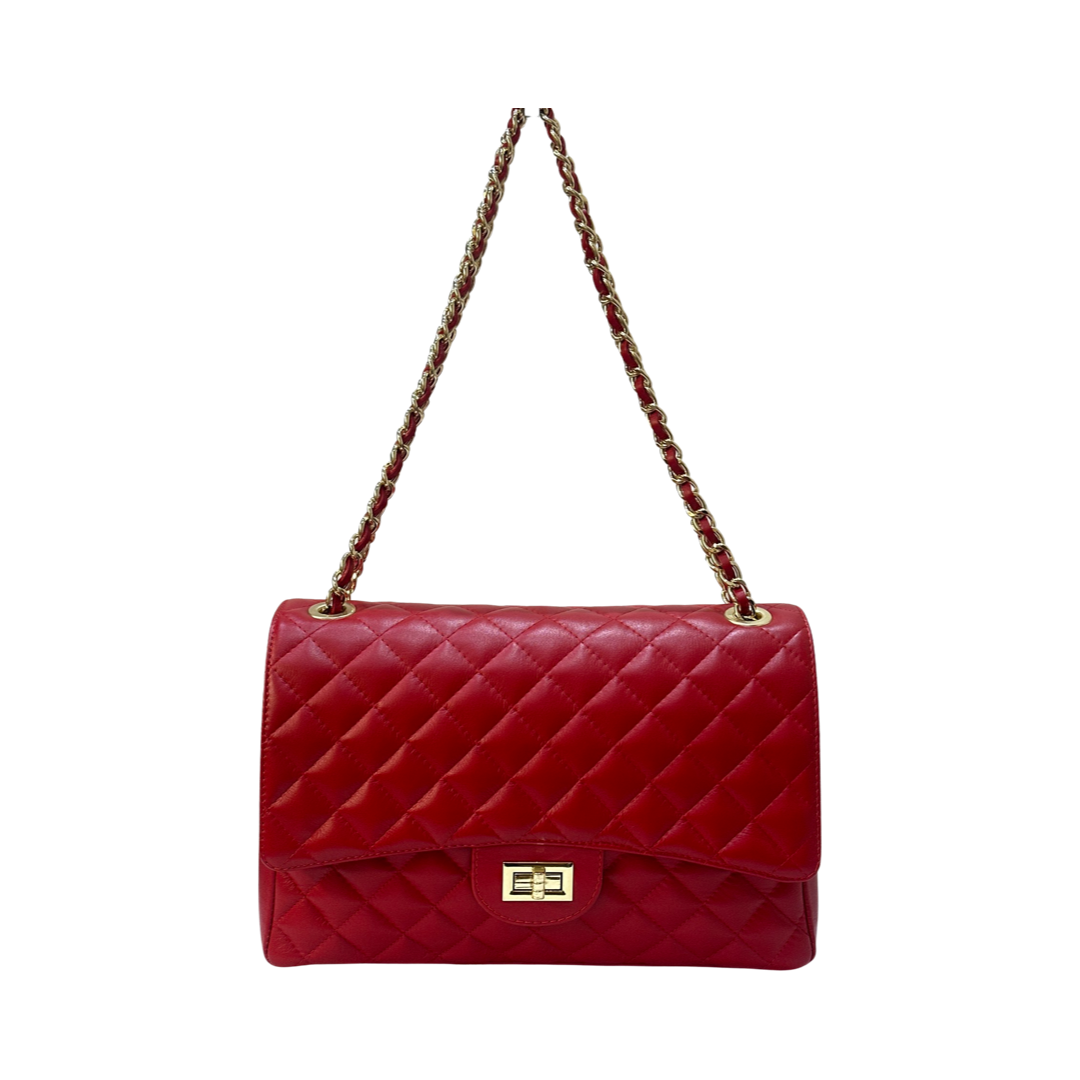 Quilted oversized chain shoulder bag in red with gold-tone chain strap.