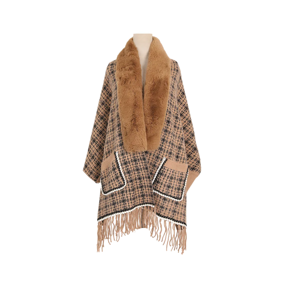 Tan Checkered Faux Fur Poncho front