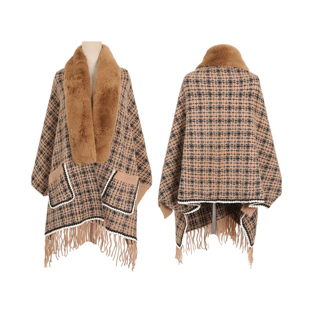 Tan Checkered Faux Fur Poncho front and back