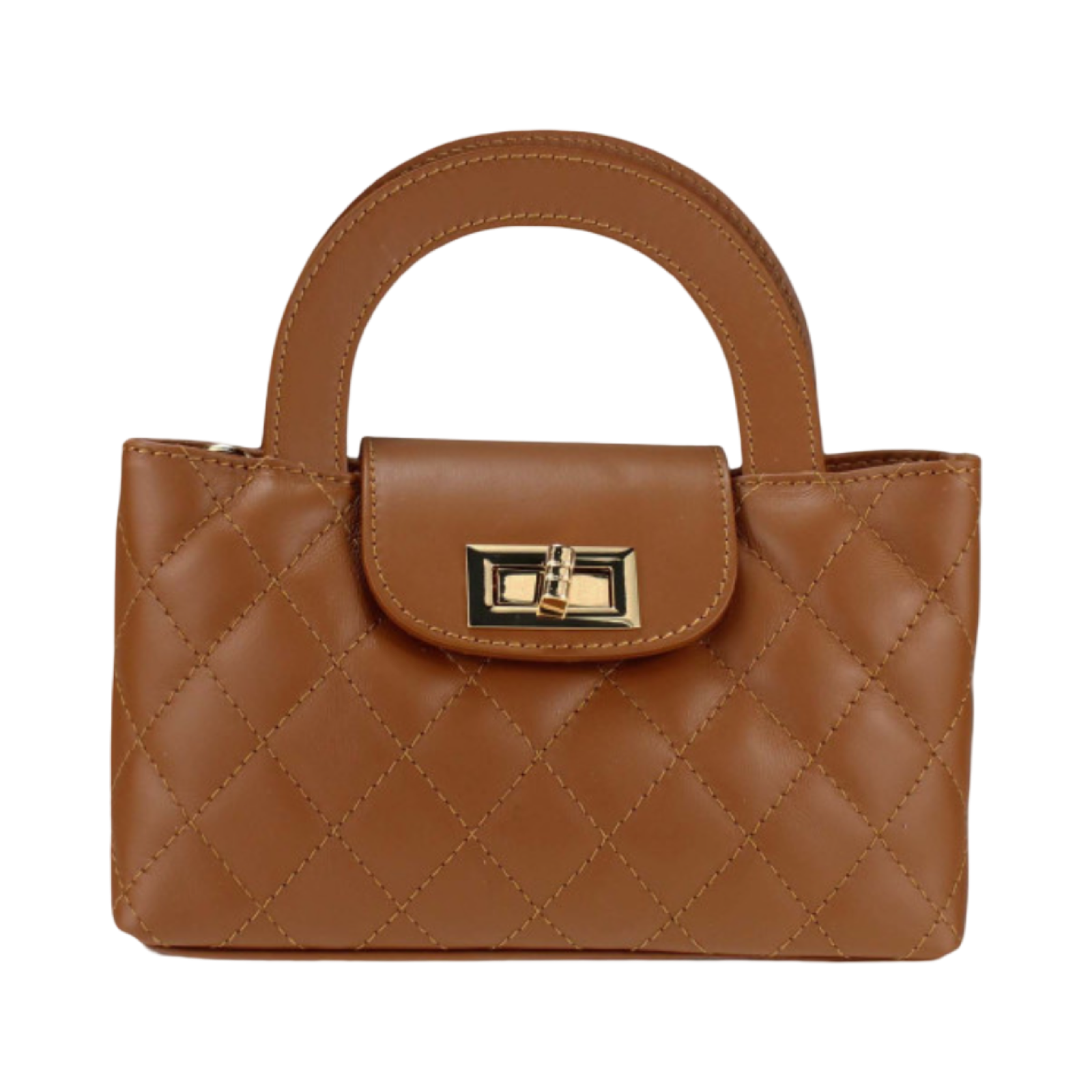Tan Quilted Mini Leather Tote Bag with Gold Chain – Front View