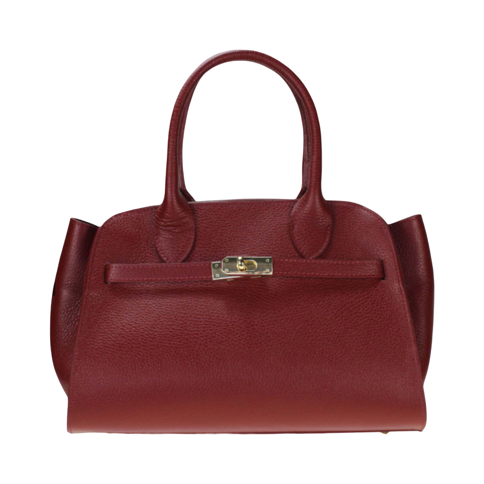 Wine red Italian leather tote bag with double handle and gold hardware