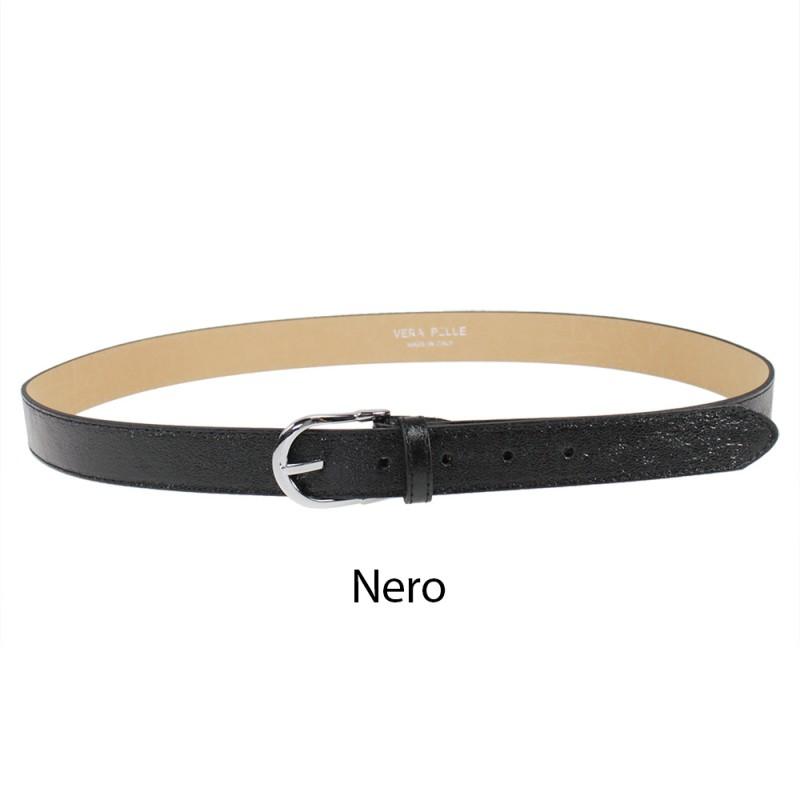 Women's handmade Italian belt in laminated leather with metal buckle.