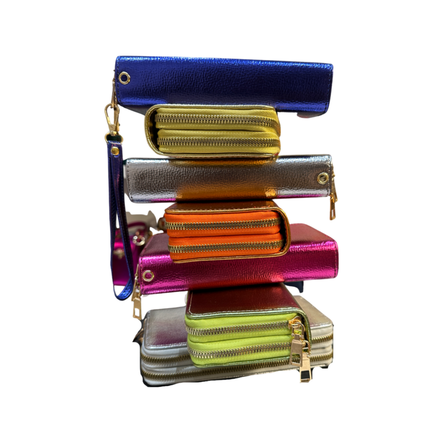 Stack of colorful rectangular purse wallets with zip closures and gold details.