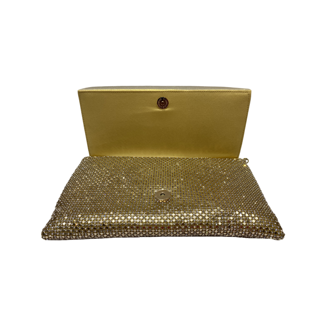 Dazzling gold diamante evening clutch bag with rhinestones, detachable chain straps.