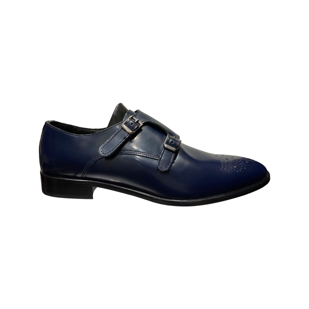 Men’s blue slip-on double monk strap shoes with buckle, made in Italy.