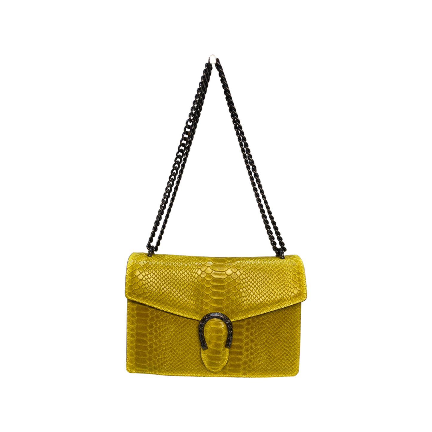 Luxury yellow leather crossbody bag with chain strap and unique hardware.