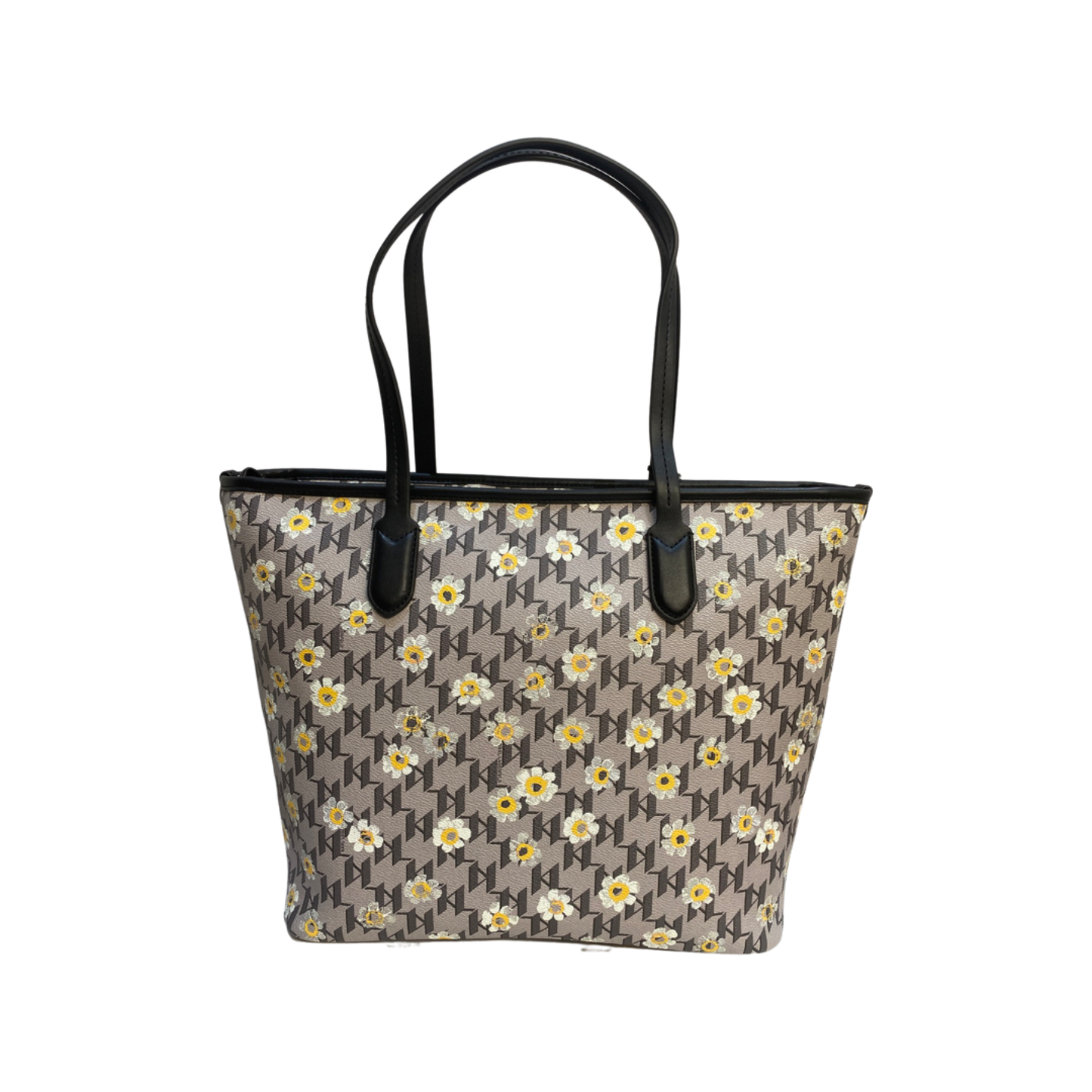 Karl Lagerfeld Monogram Floral Leather Tote Bag with dual handles and zip closure.