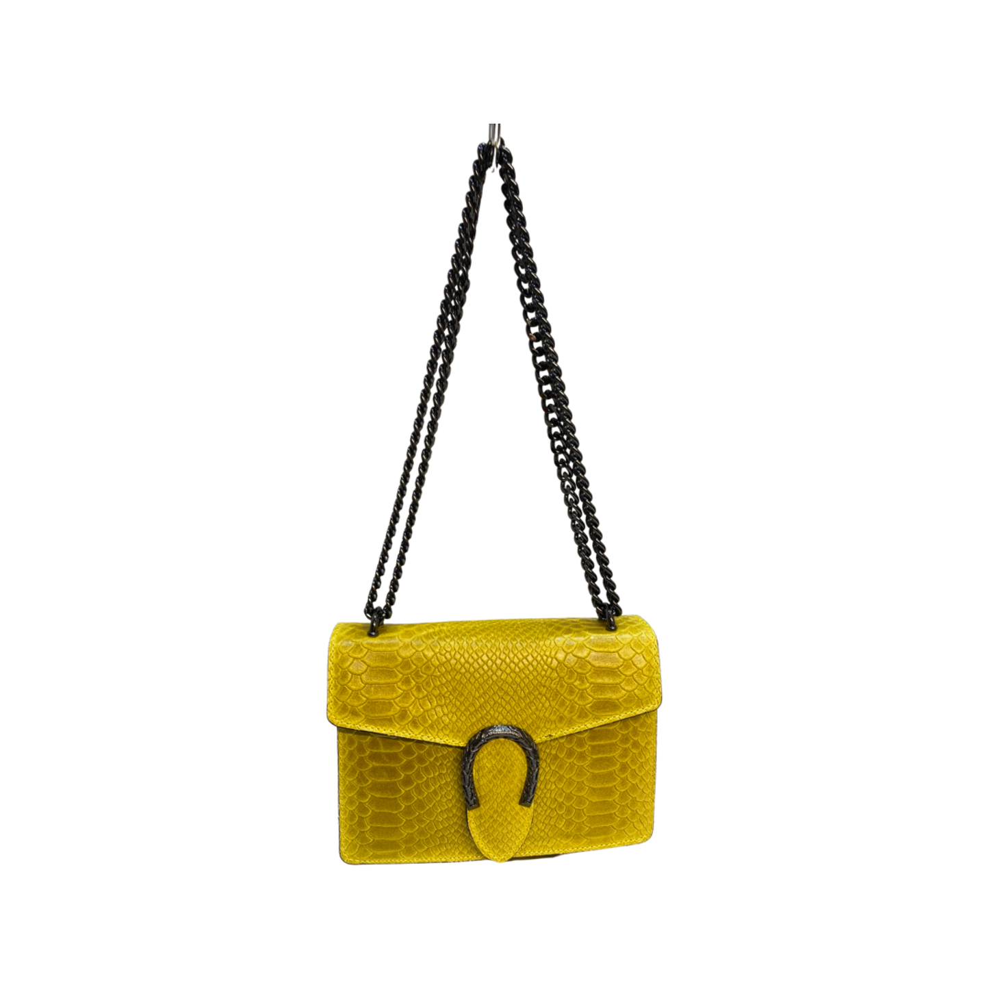 Crossbody leather bag with chain strap and tiger hardware.