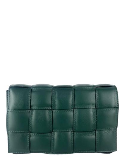 Luxurious padded green leather tote bag with quilted sauvage design and adjustable strap.