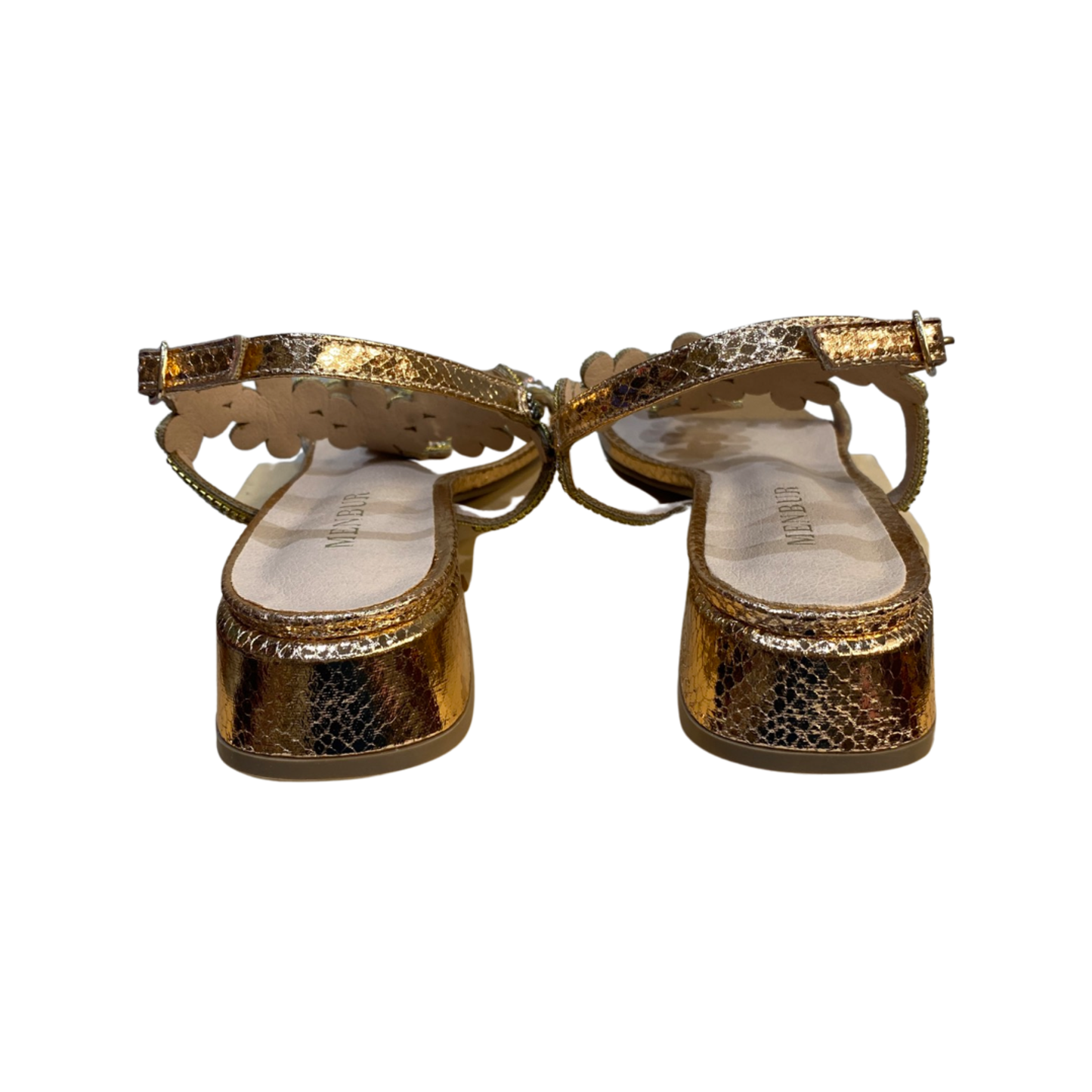 Rose gold diamante flat sandals with rhinestone embellishments, round toe, and leather lining.