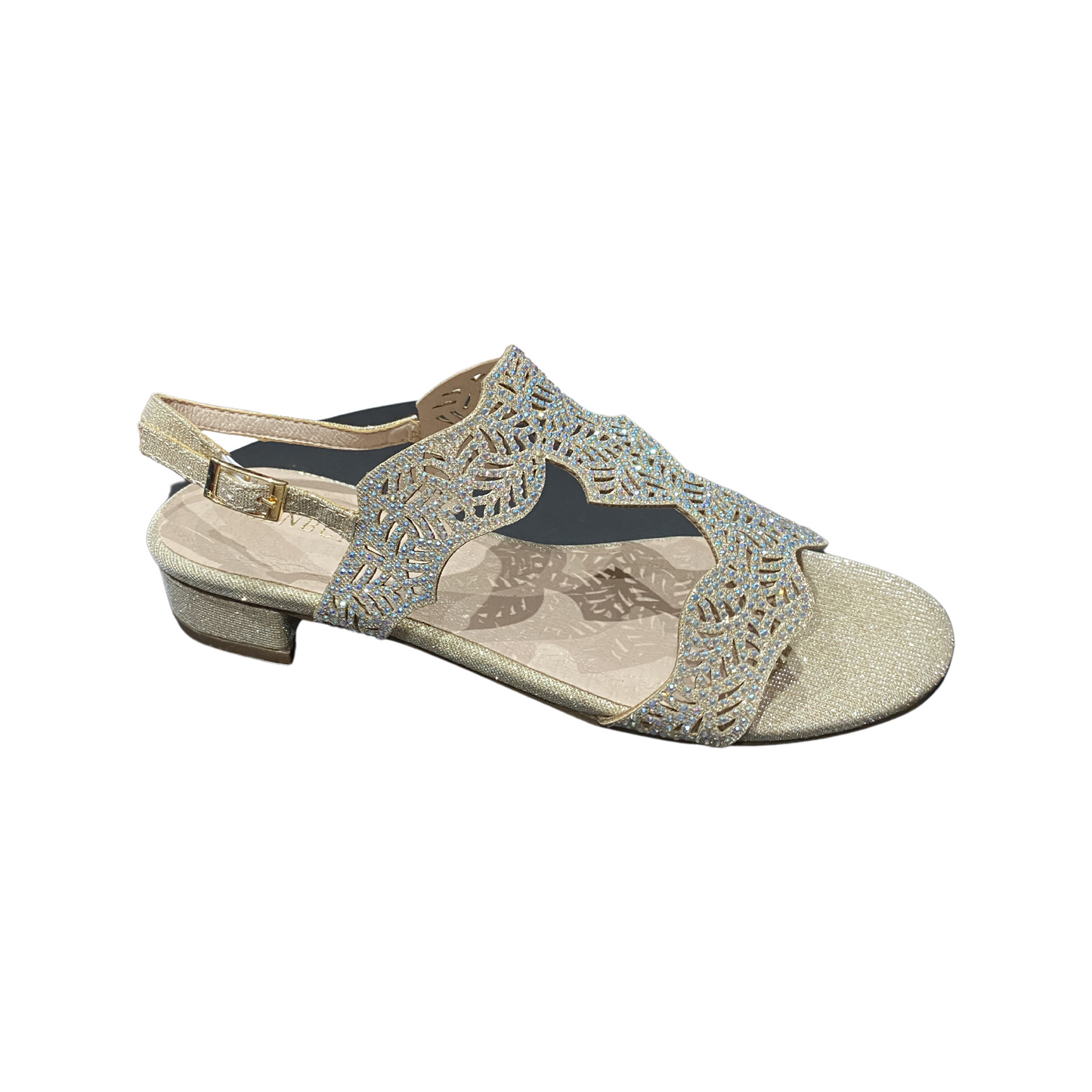 Champagne Gold Diamante Flat Sandals with Rhinestone Embellishments, Leather Lining, Round Toe.