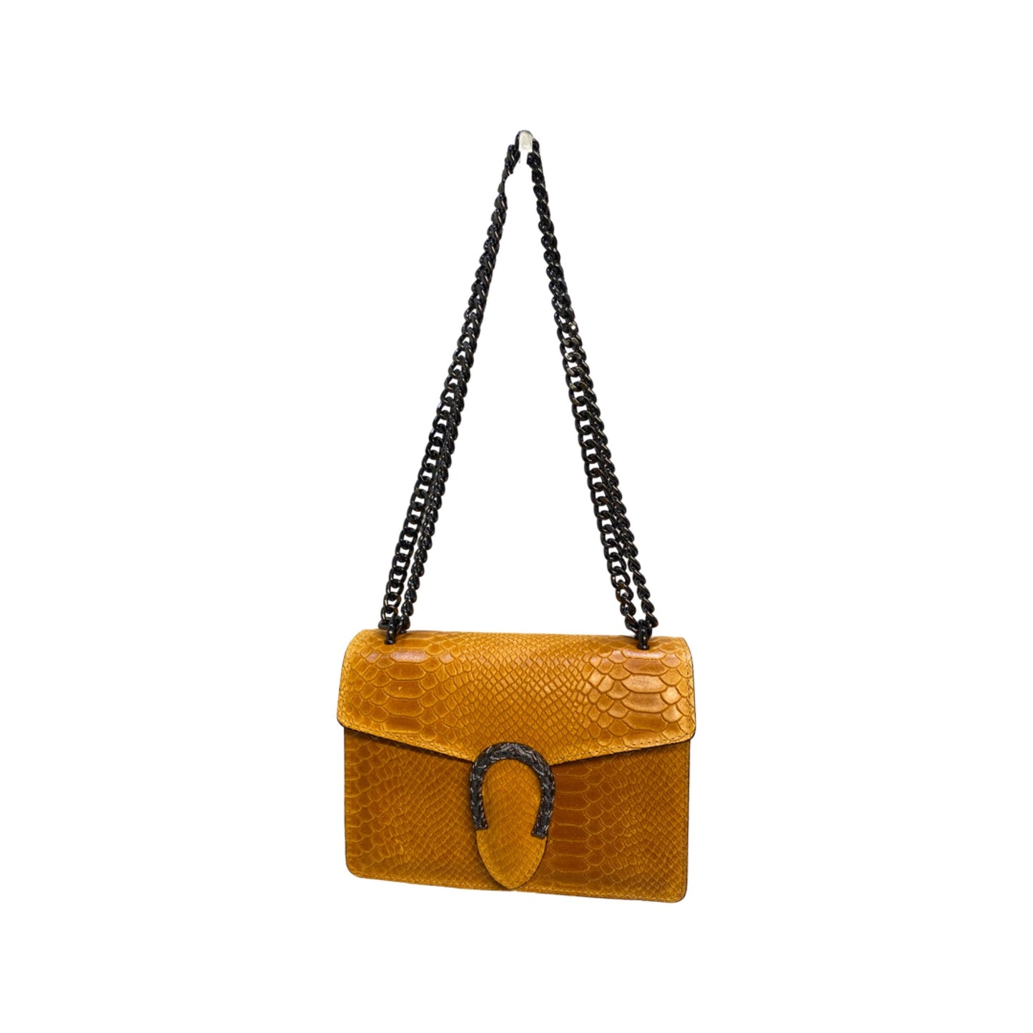 Crossbody leather bag with chain strap and double-headed tiger hardware.
