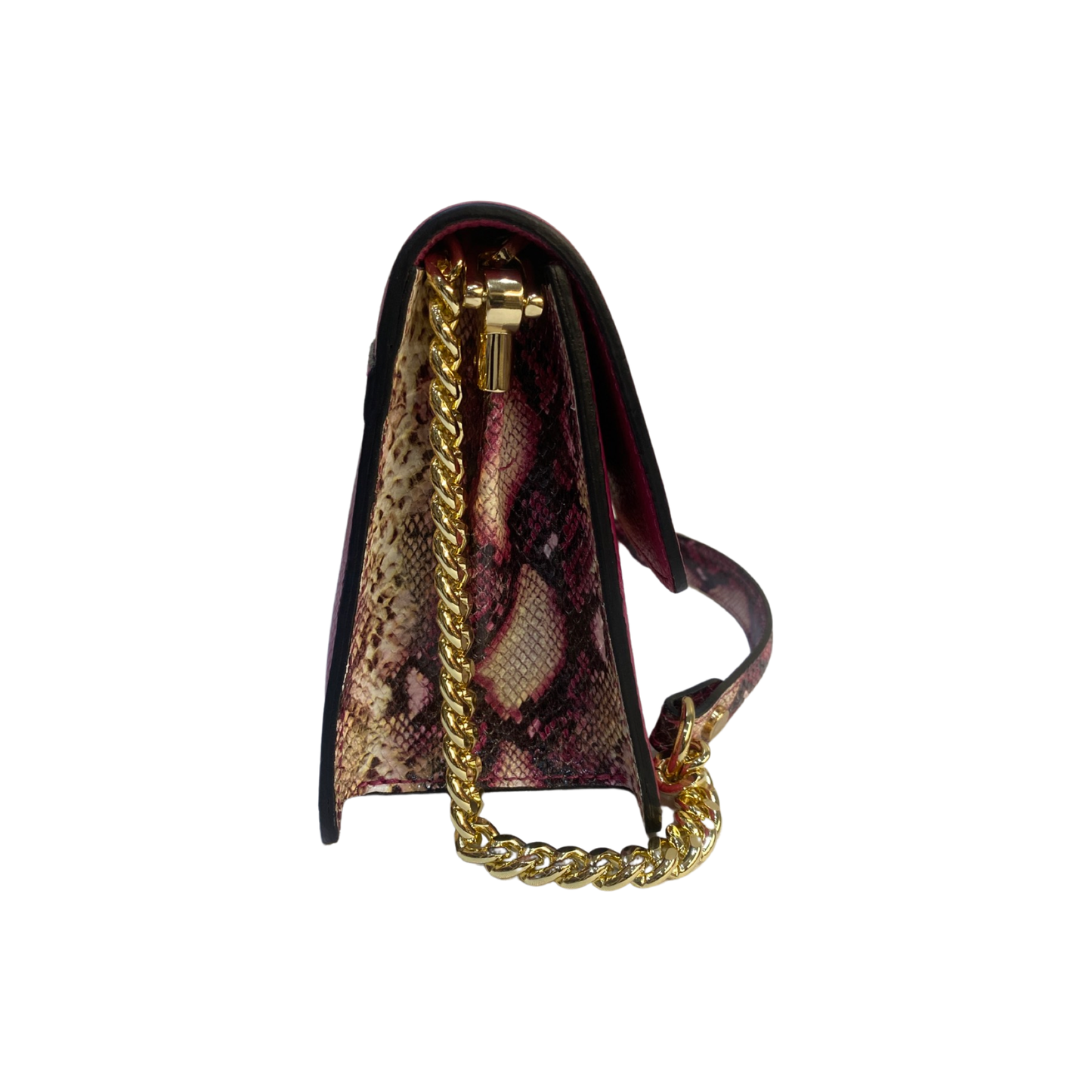 Leather tote bag in animal print with chain strap and gold accessories.