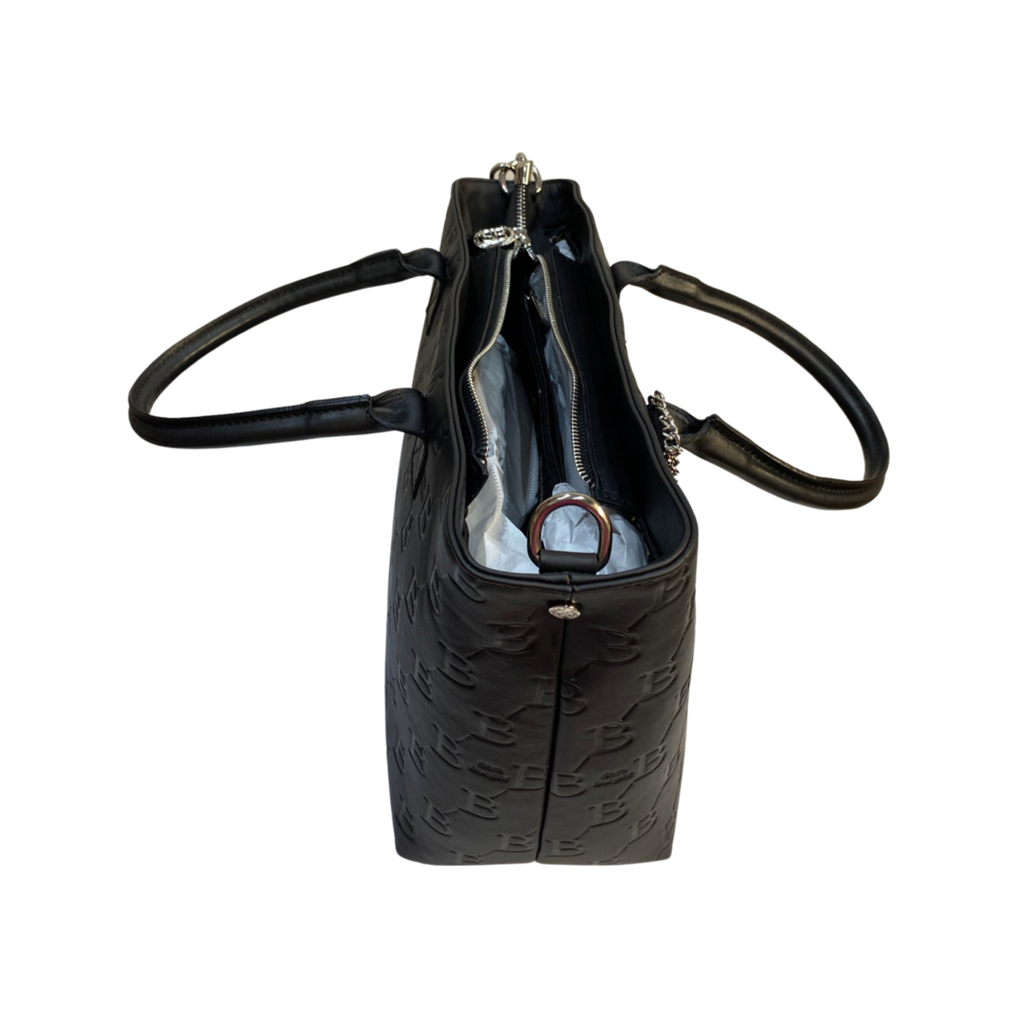 Black leather tote bag with dual handles, zip closure, and embossed design.