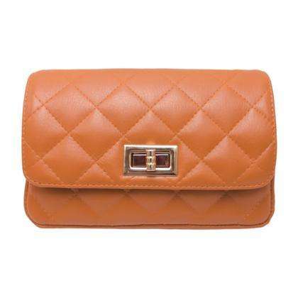 Gold quilted crossbody leather bag with turn lock closure and chain straps.