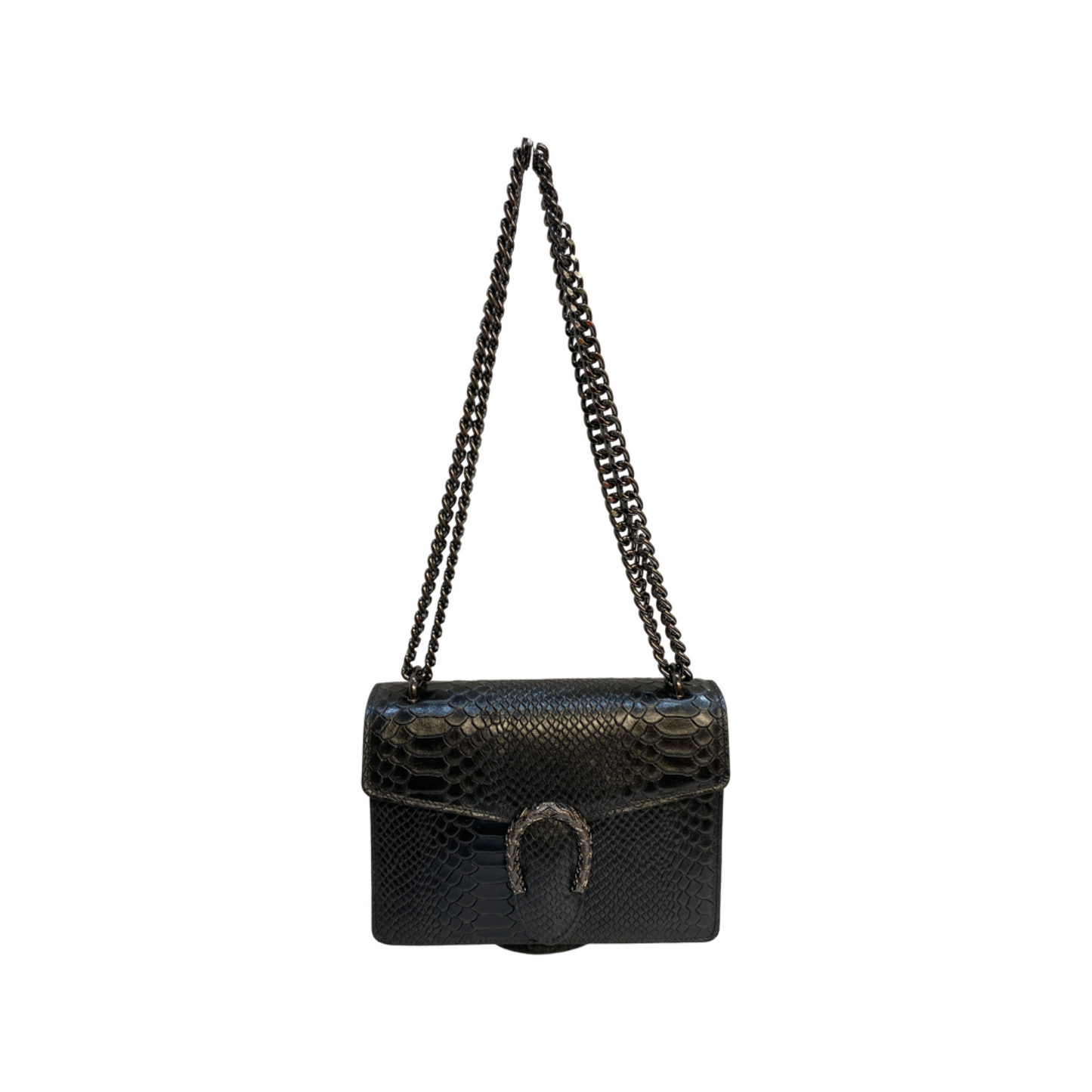 Crossbody leather bag with chain strap and double-headed tiger hardware.