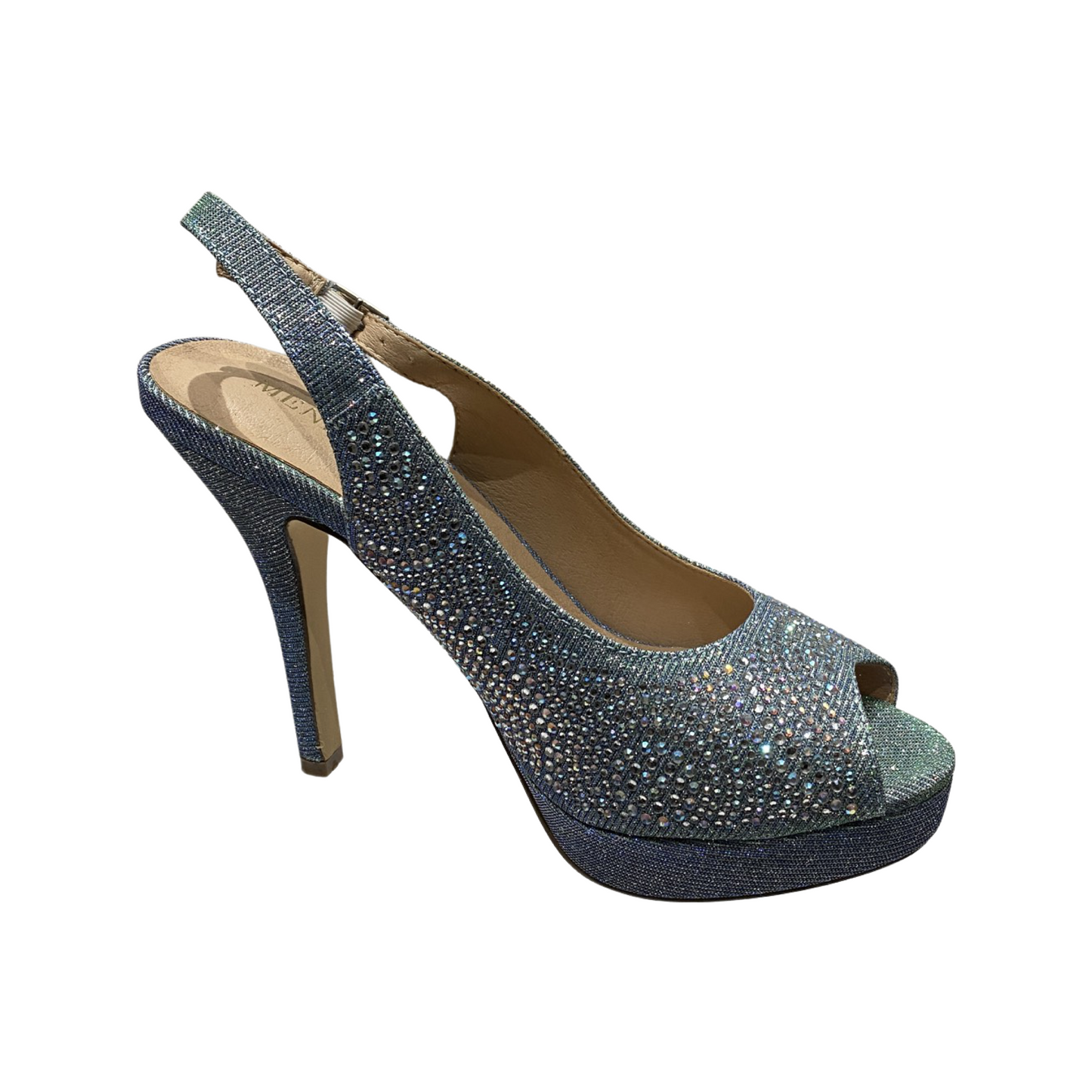Turquoise blue rhinestone platform sandals with stiletto heel.