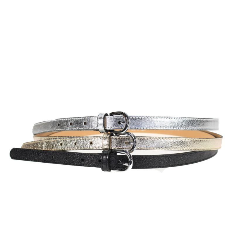 Women's skinny belt with buckle, laminated leather, handmade in Italy.
