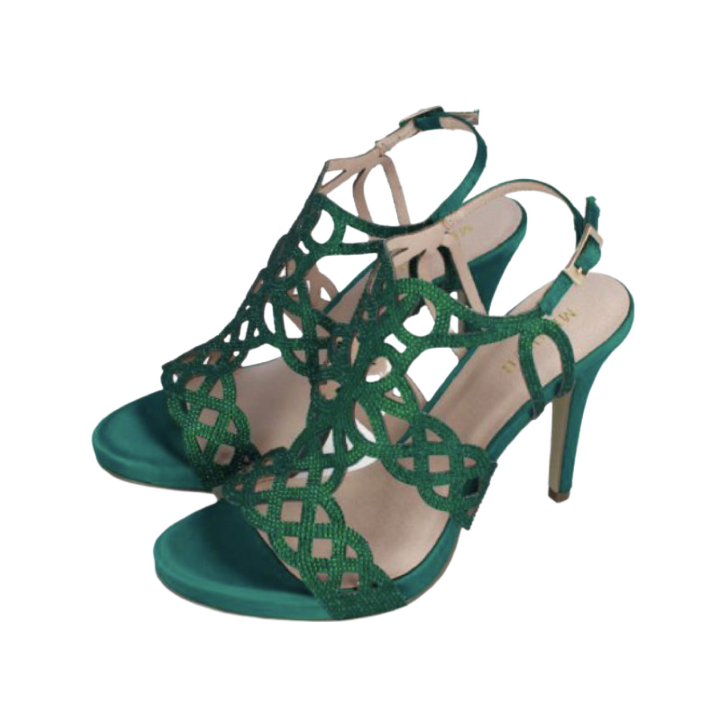 Green rhinestone shoes with stiletto heel and peep toe design.
