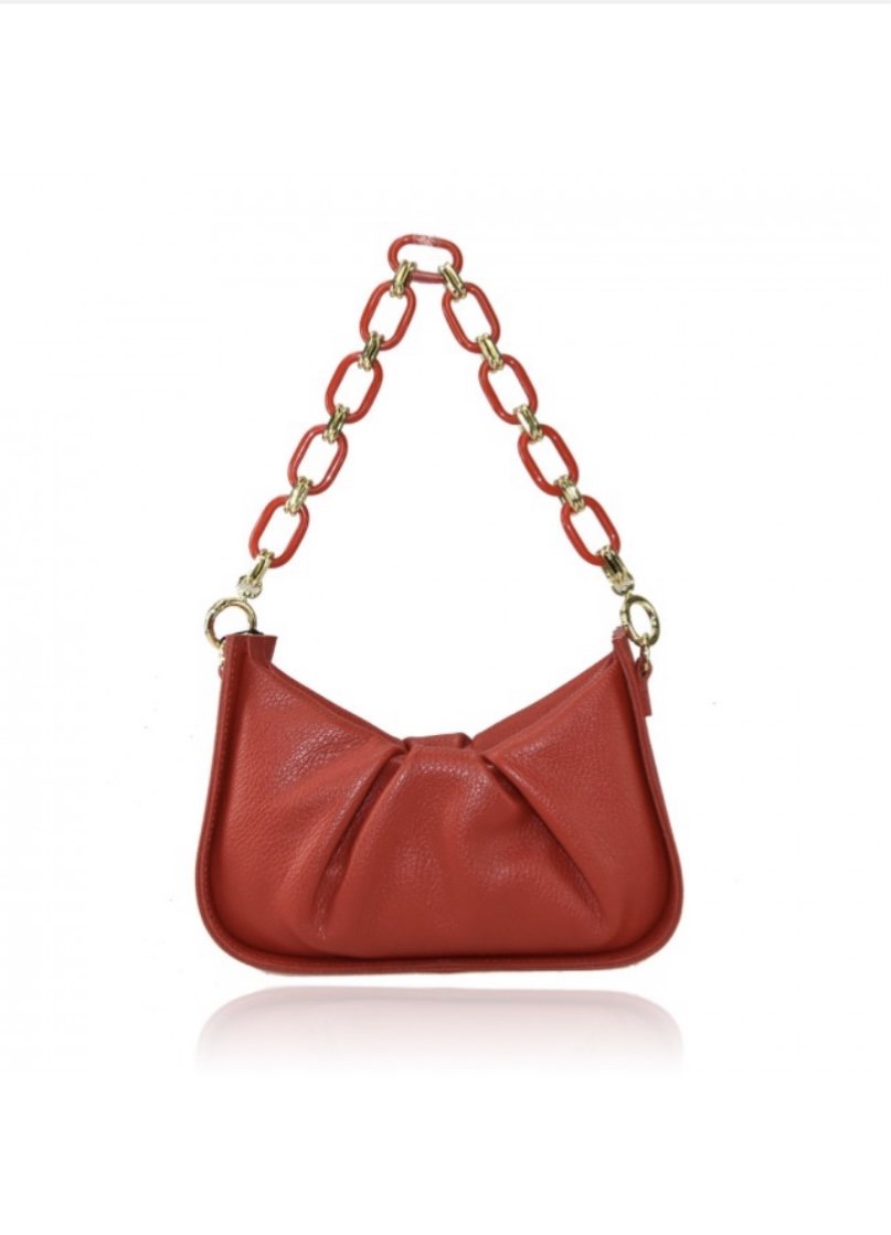 Red Italian leather small tote bag with a gathered design and chain strap.
