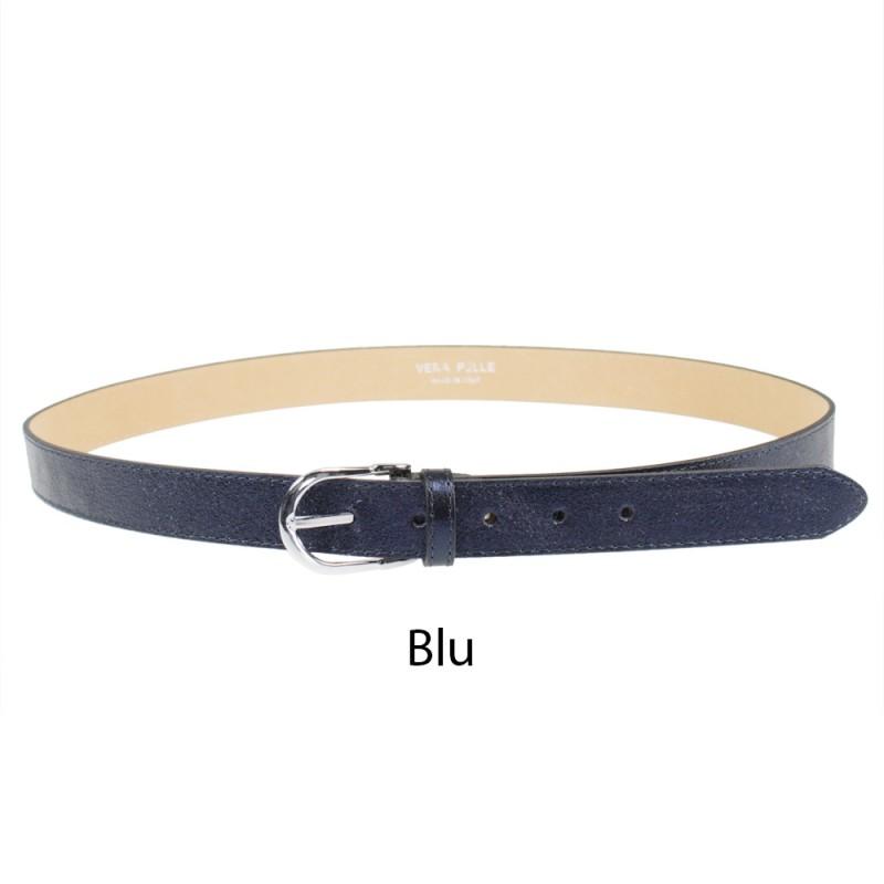 Women's handmade laminated leather belt with buckle, crafted in Italy, 2.5cm wide, 110cm long, blue.