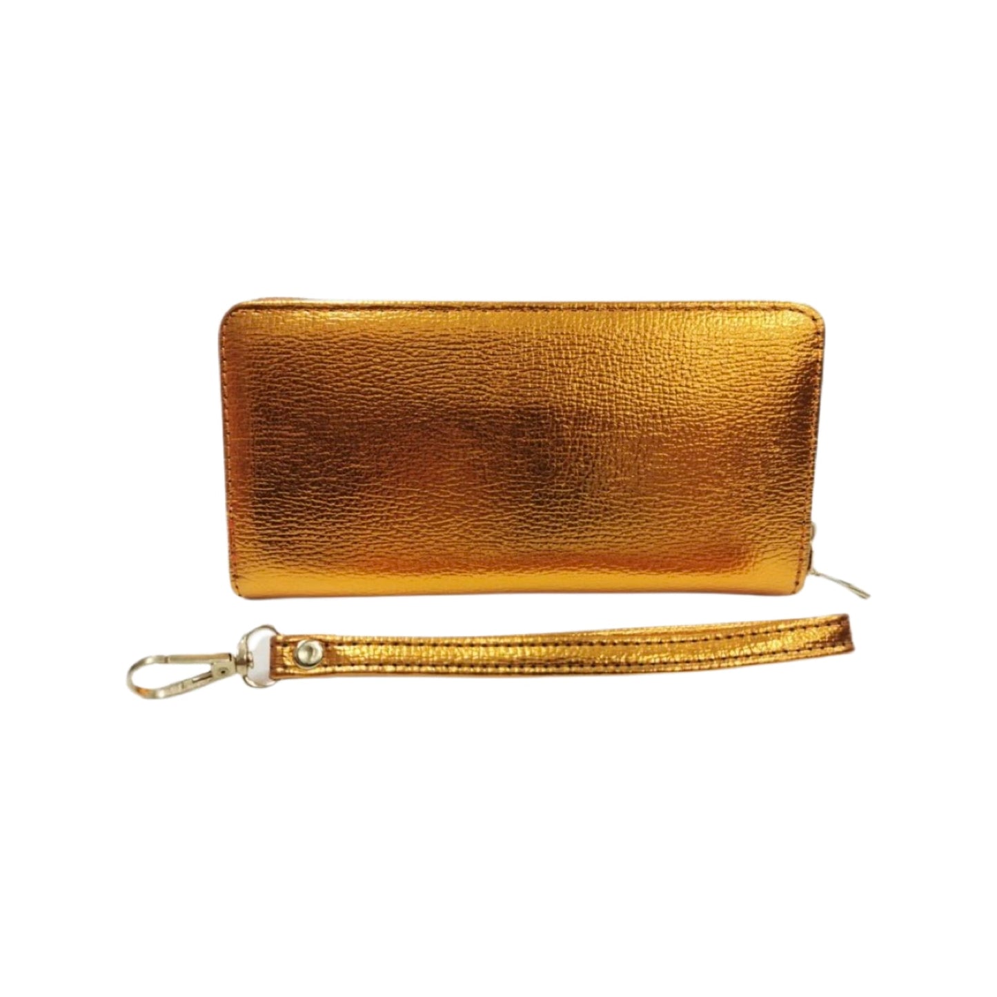 Rectangular purse wallet with zip closure and gold finish.