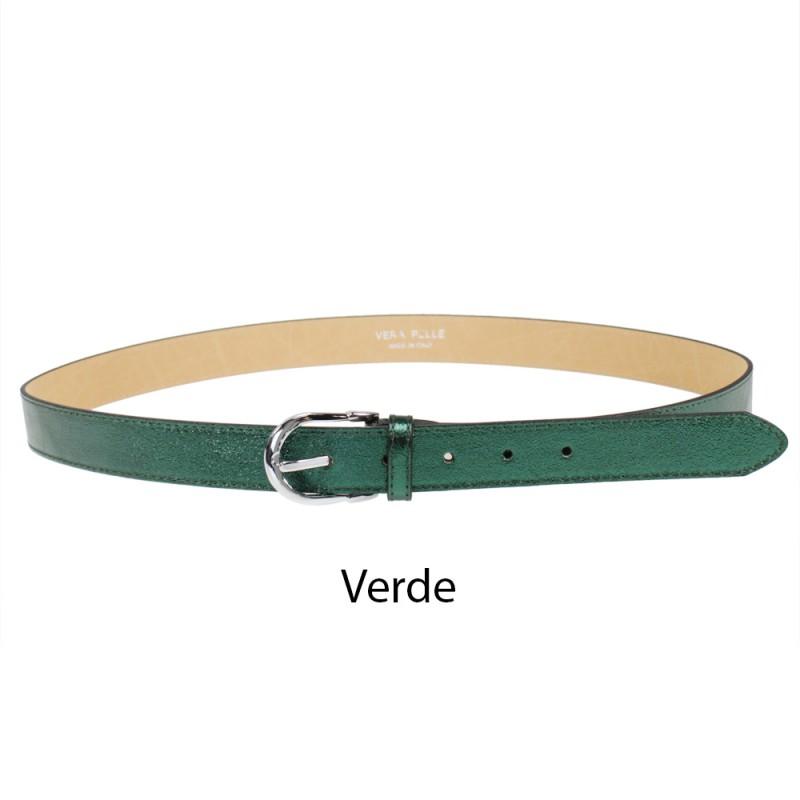 Women's handmade Italian laminated leather belt with buckle in green.