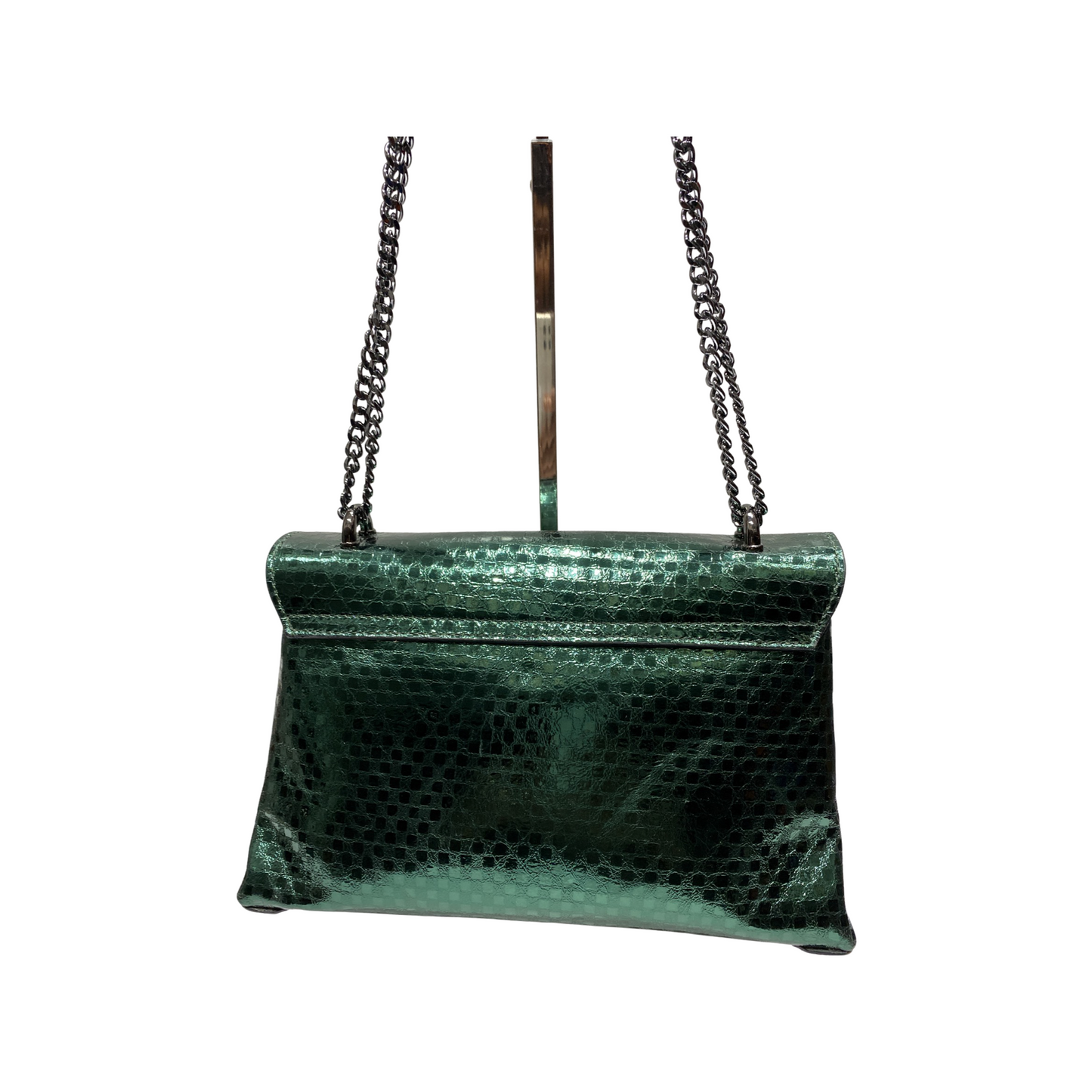 Leather crossbody bag with chain and adjustable leather strap, green laminated finish.