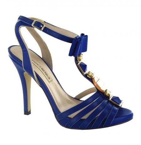 Menbur Blue Platform High Heel Sandals with decorative jewels and bow.