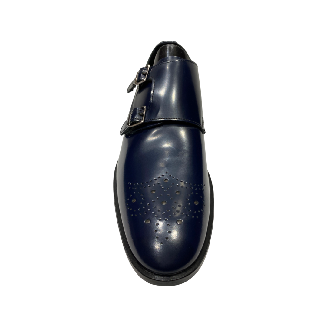 Men’s blue slip-on double monk strap shoes with buckle, made in Italy.