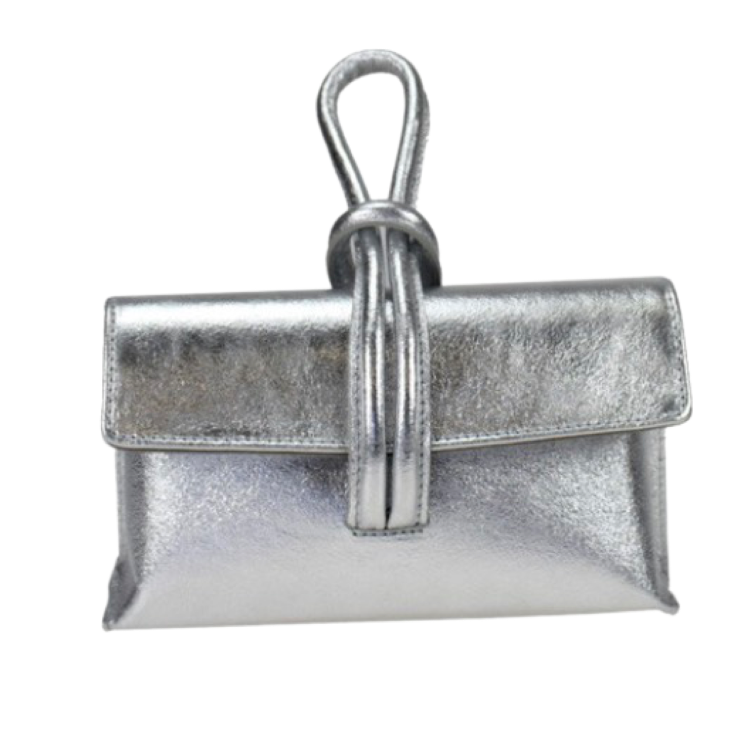 Luxury silver leather tote bag with adjustable strap and inner pocket.