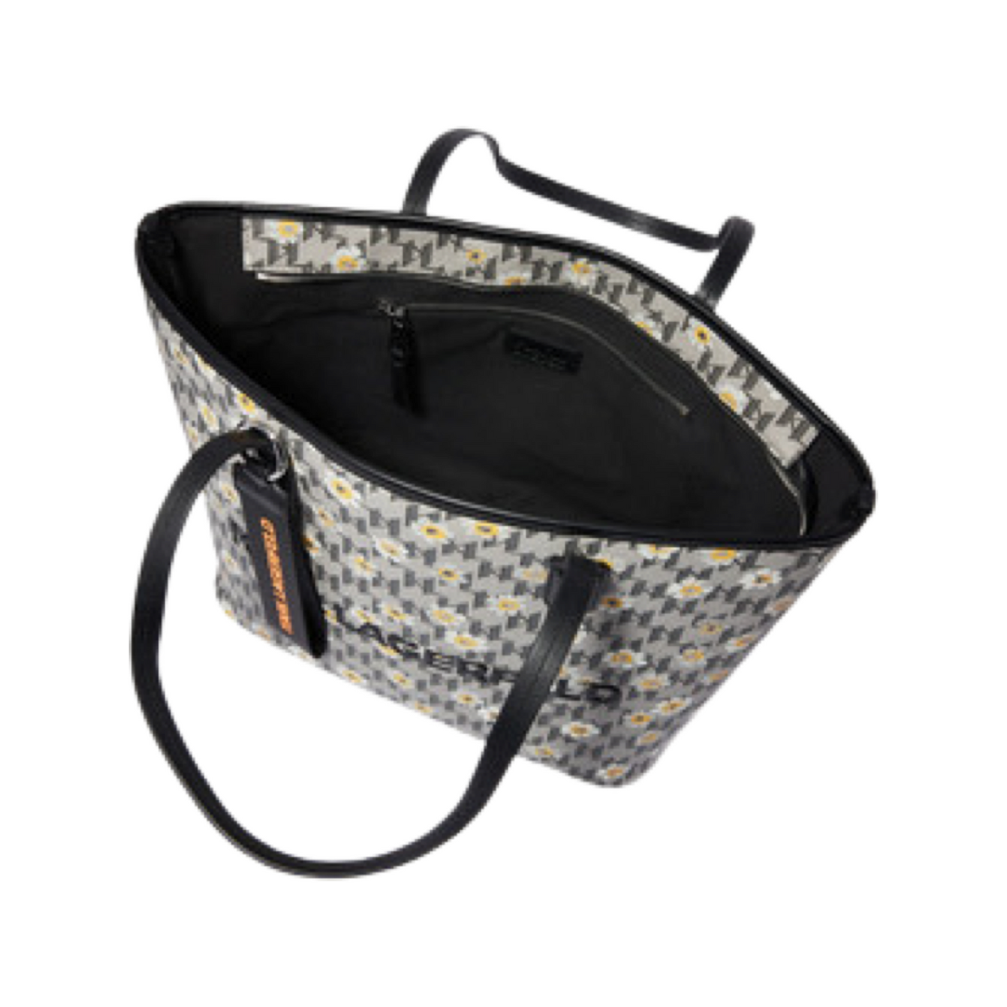 Karl Lagerfeld monogram floral leather tote bag with grey multi-pattern, double handles, and logo key FOB.
