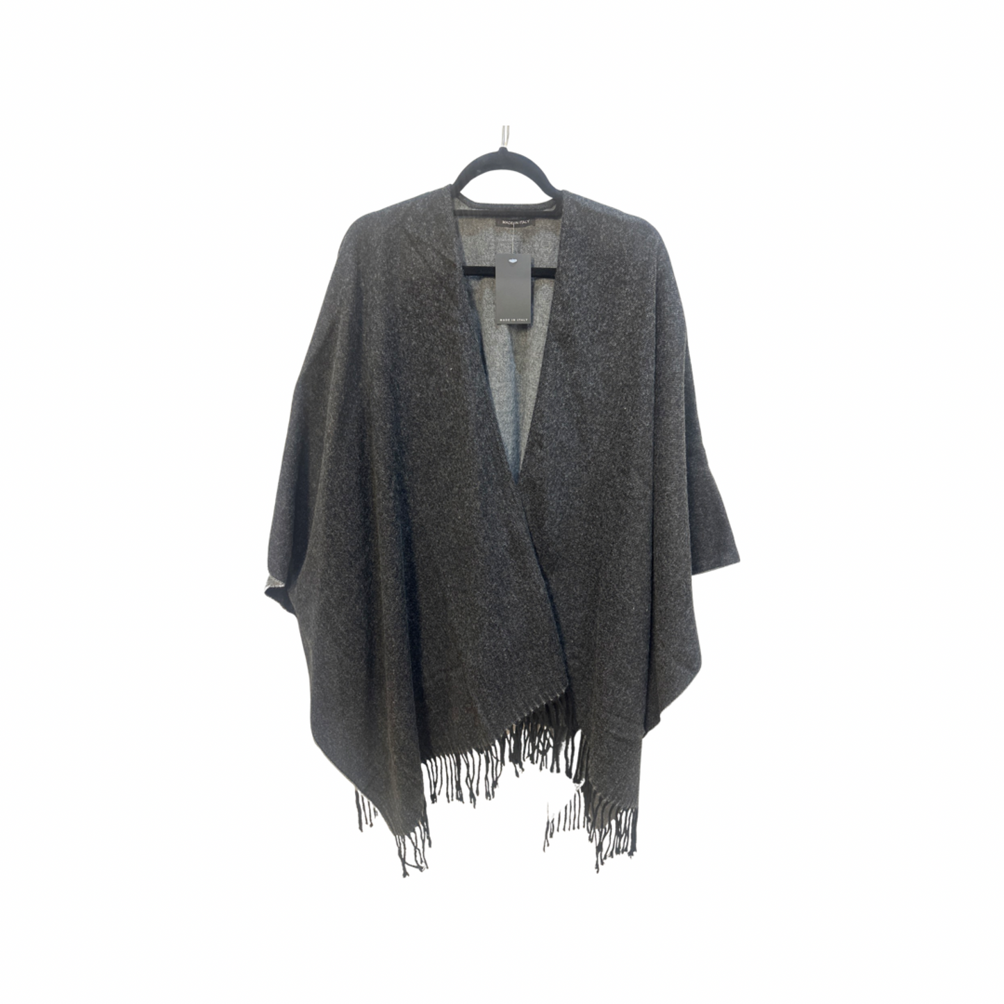 Grey tassel cape shawl with fringe detailing, cozy and stylish.