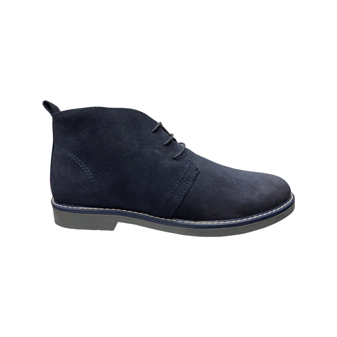 Blue suede lace up desert boots with stitched detail and rubber sole.