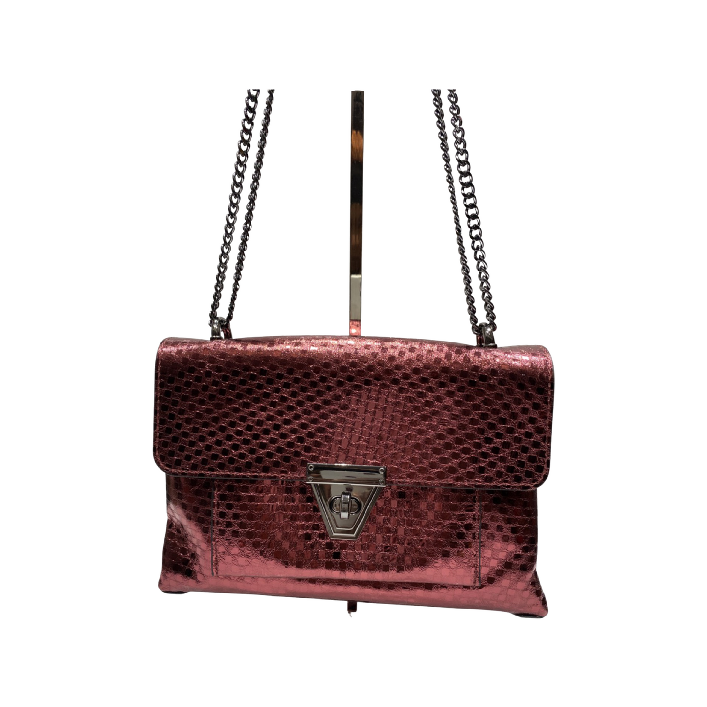 Multi-colored laminated leather crossbody bag with chain and adjustable strap.